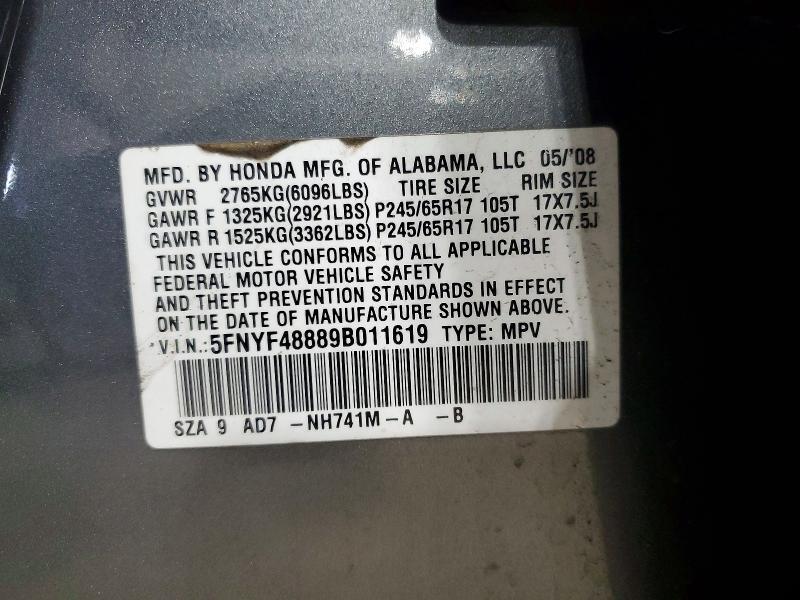 5FNYF48889B011619 2009 HONDA PILOT photo no. 12