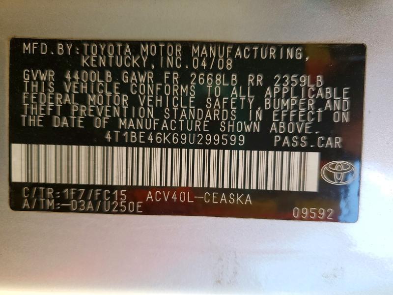 4T1BE46K69U299599 2009 TOYOTA CAMRY photo no. 12