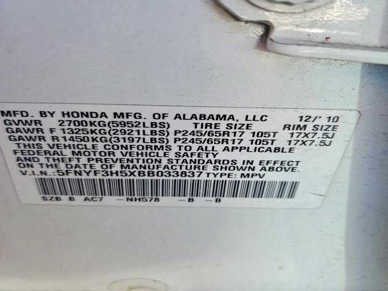 5FNYF3H5XBB033837 2011 HONDA PILOT photo no. 12
