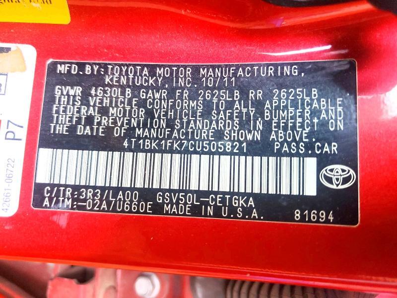 2012 TOYOTA CAMRY XLE V6 — Фото 12 из 12