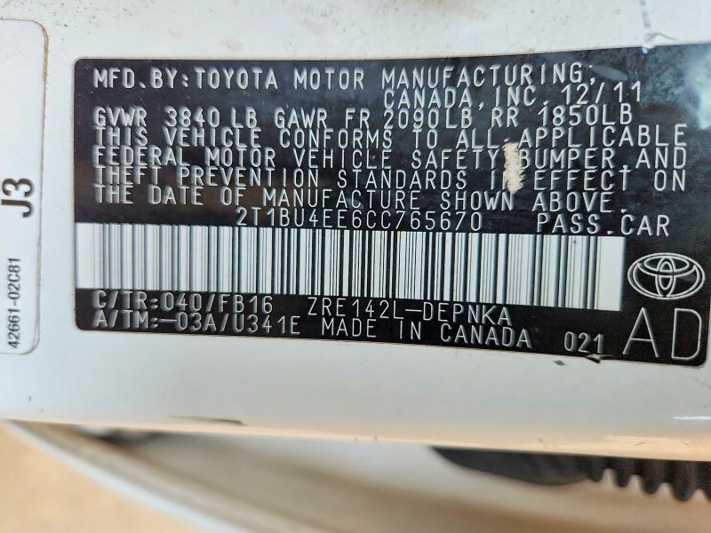 2T1BU4EE6CC765670 2012 TOYOTA COROLLA photo no. 12