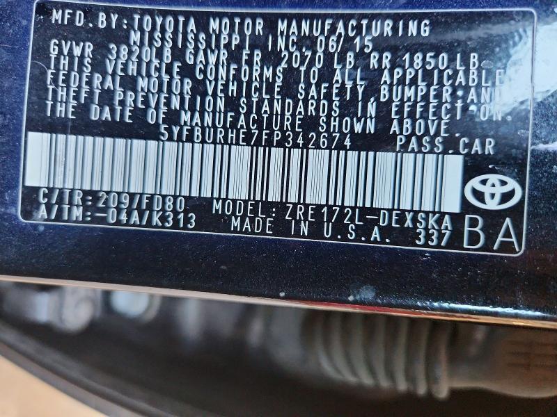 5YFBURHE7FP342674 2015 TOYOTA COROLLA photo no. 12