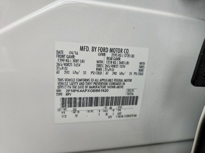 2FMPK4APXGBB61620 2016 FORD EDGE photo no. 12