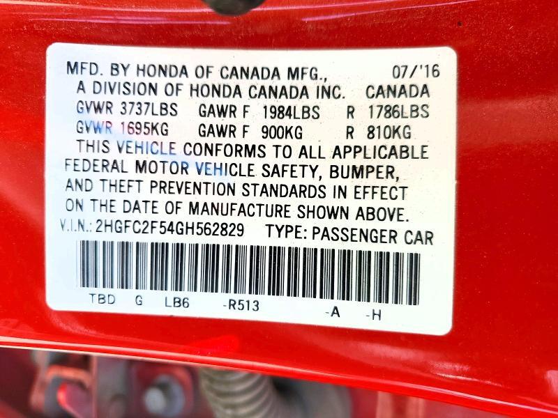 2HGFC2F54GH562829 2016 HONDA CIVIC photo no. 12