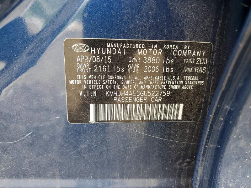 KMHDH4AE3GU522759 2016 HYUNDAI ELANTRA photo no. 12