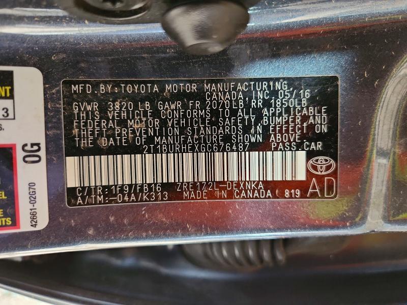 2T1BURHEXGC676487 2016 TOYOTA COROLLA photo no. 12