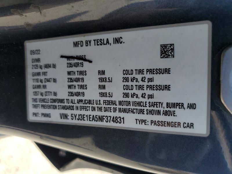 5YJ3E1EA5NF374831 2022 TESLA MODEL 3 photo no. 12