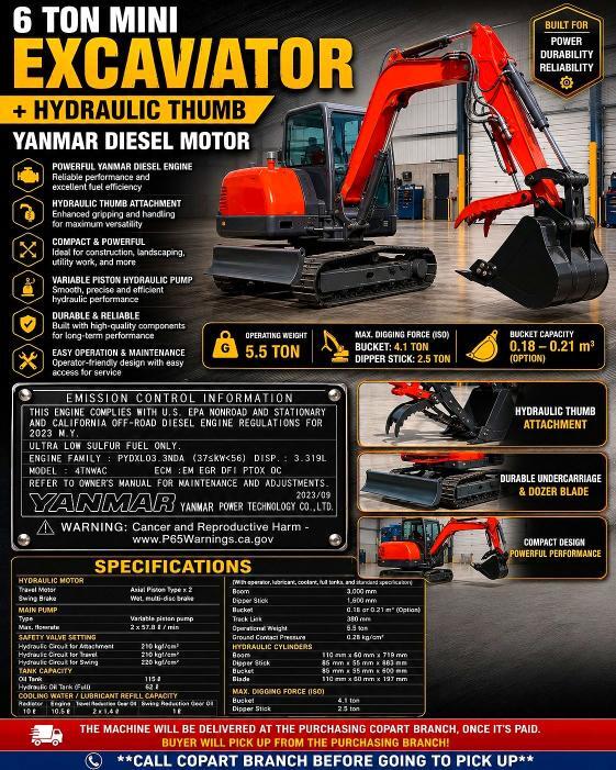 2024 6 TON MINI EXCAVATOR + HYDRAULIC THUMB YANMAR MOTOR — Фото 10 из 10