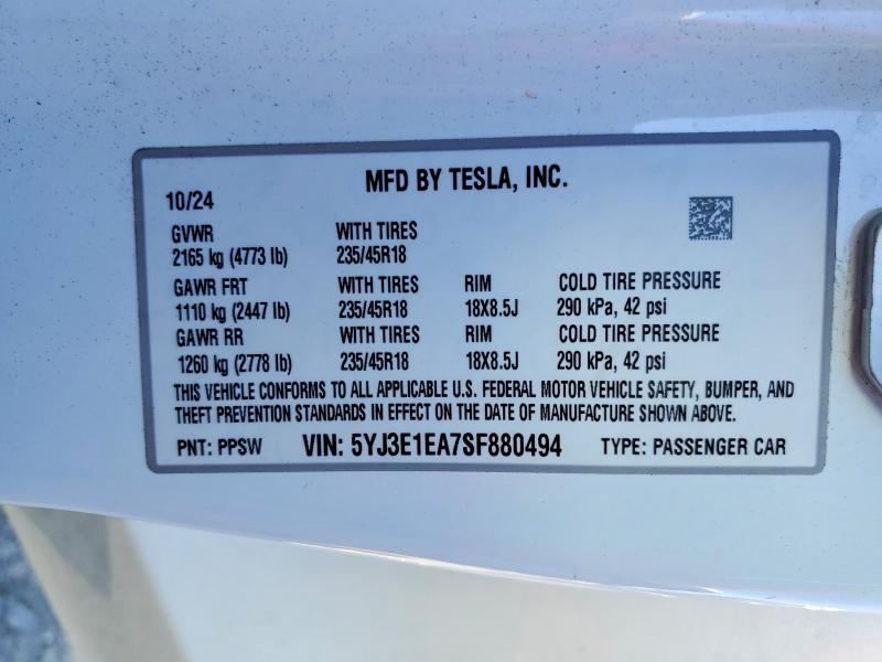 5YJ3E1EA7SF880494 2025 TESLA MODEL 3 photo no. 12