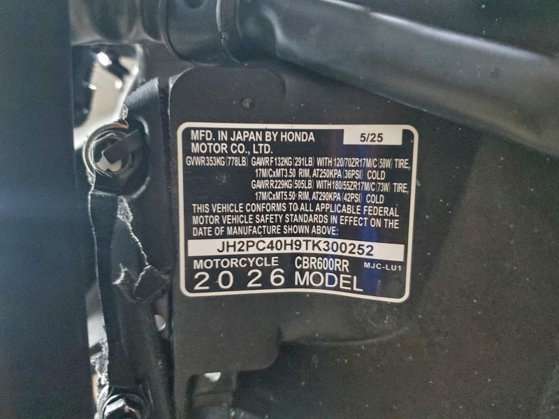 JH2PC40H9TK300252 2026 HONDA CBR600 photo no. 9