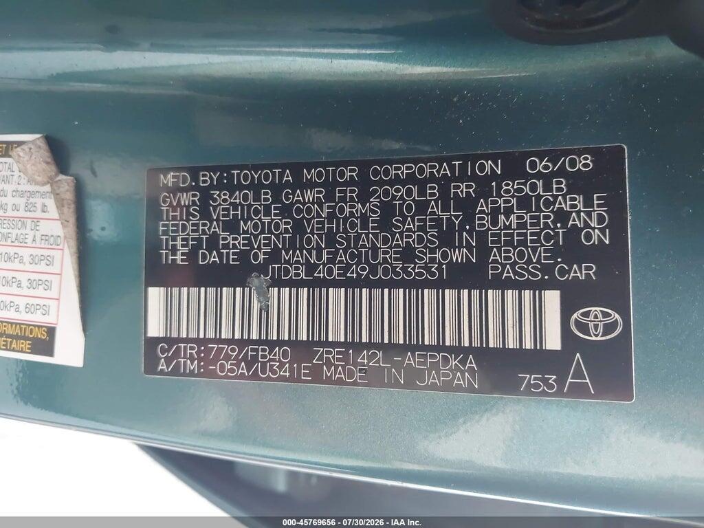 JTDBL40E49J033531 2009 TOYOTA COROLLA photo no. 9