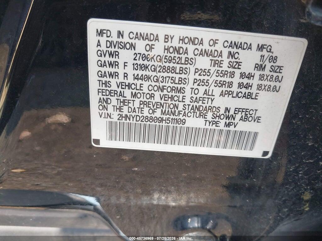2HNYD28809H511109 2009 ACURA MDX photo no. 9