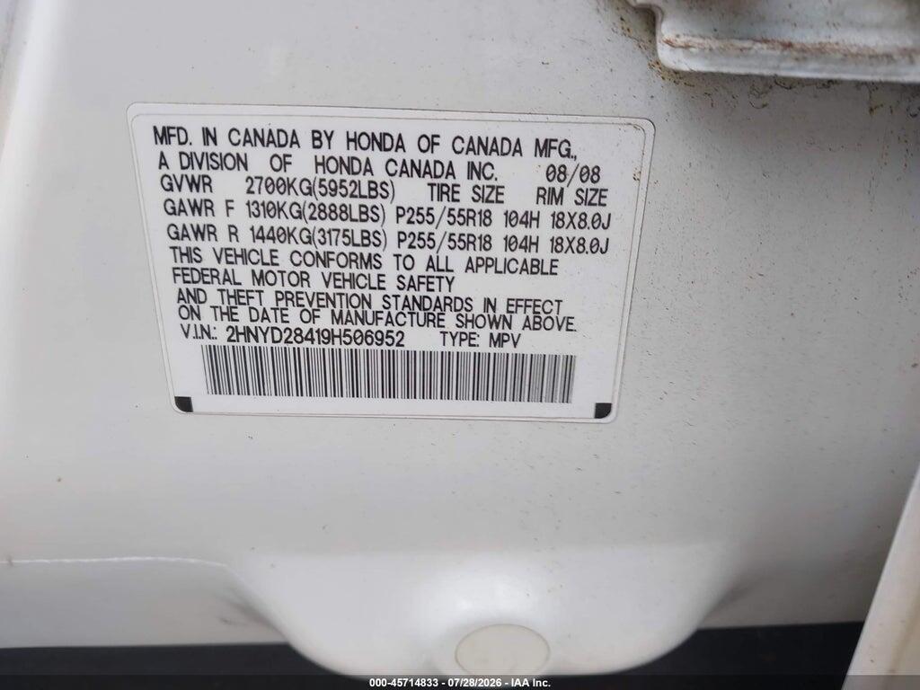 2HNYD28419H506952 2009 ACURA MDX photo no. 9