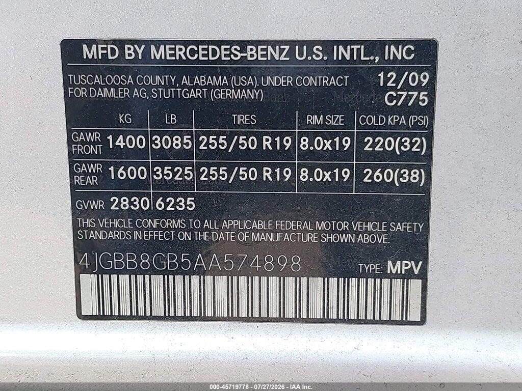4JGBB8GB5AA574898 2010 MERCEDES-BENZ ML 350 photo no. 9