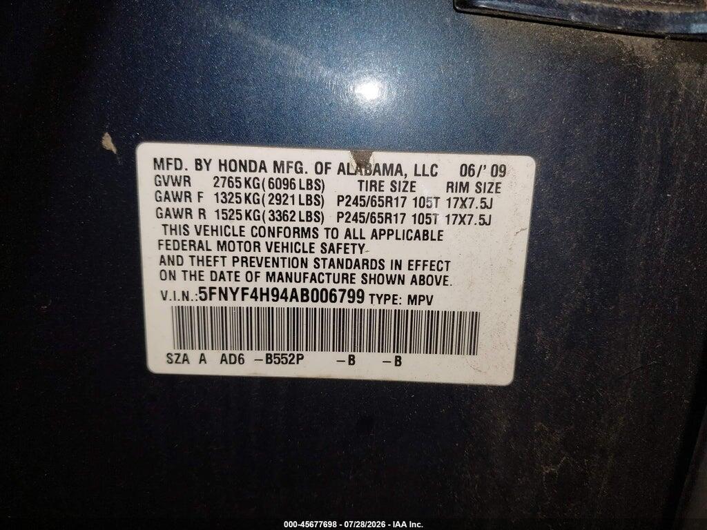 5FNYF4H94AB006799 2010 HONDA PILOT photo no. 9