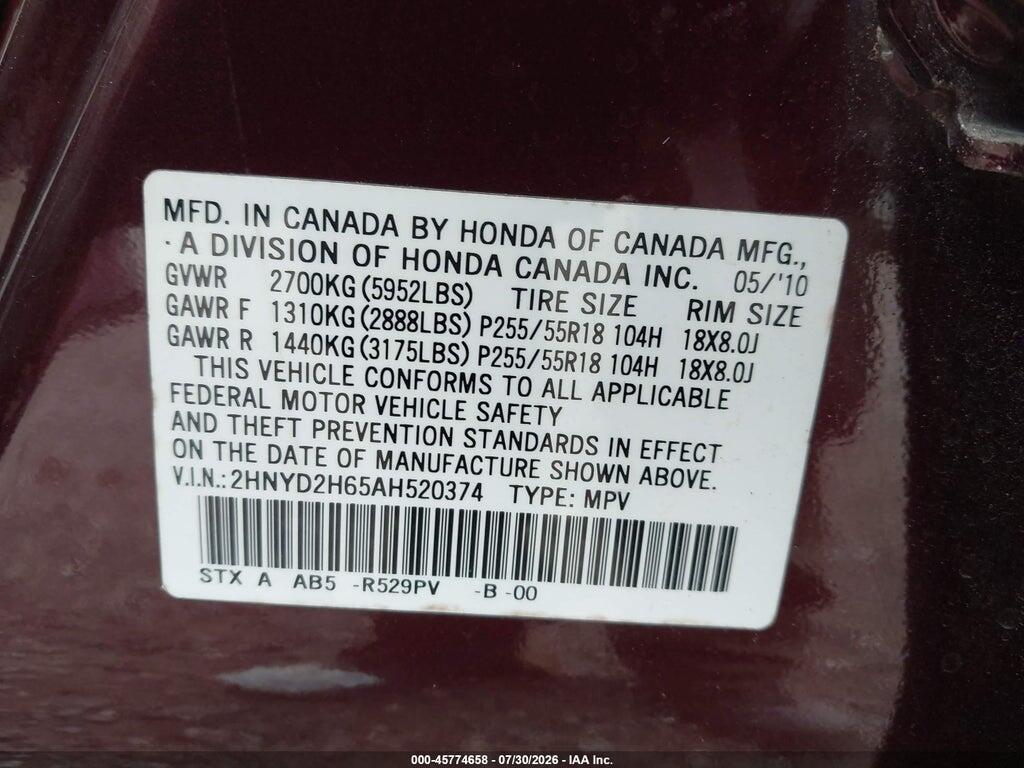 2HNYD2H65AH520374 2010 ACURA MDX photo no. 9