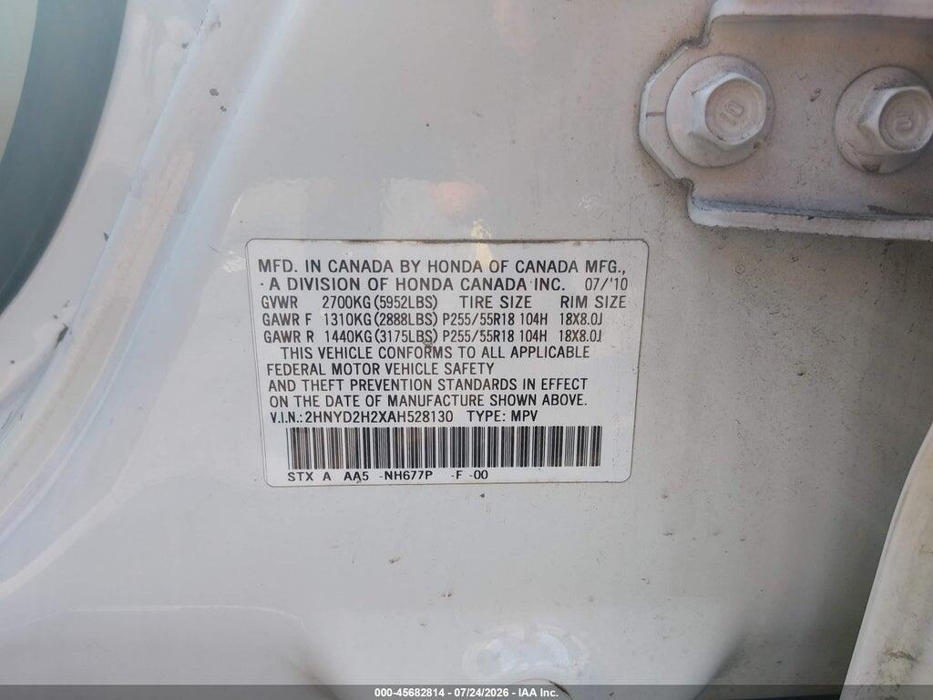 2HNYD2H2XAH528130 2010 ACURA MDX photo no. 9