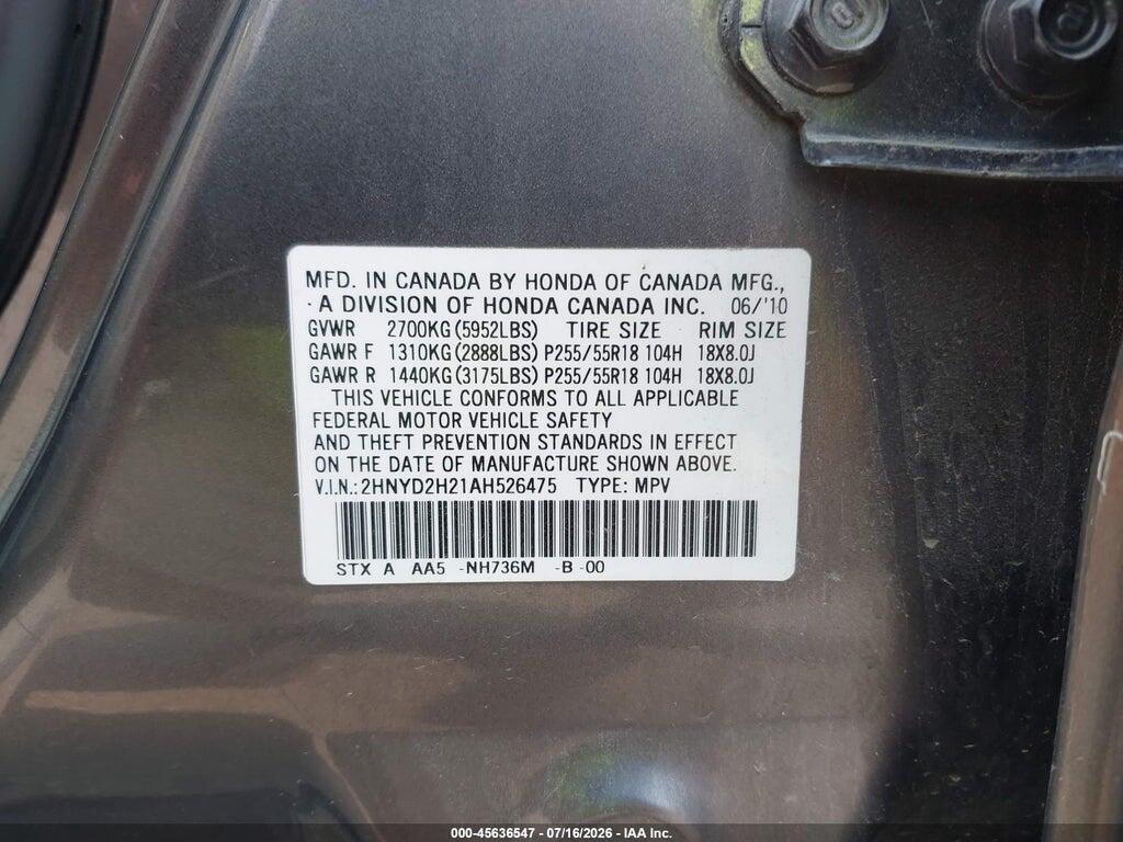 2HNYD2H21AH526475 2010 ACURA MDX photo no. 9