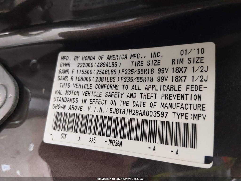 5J8TB1H28AA003597 2010 ACURA RDX photo no. 9