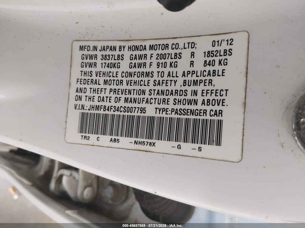 JHMFB4F34CS007795 2012 HONDA CIVIC HYBRID photo no. 9
