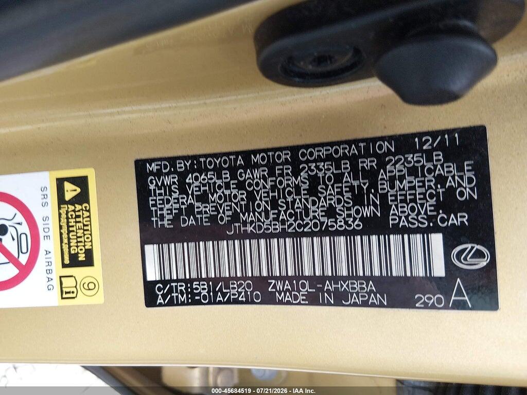 JTHKD5BH2C2075836 2012 LEXUS CT 200H photo no. 9