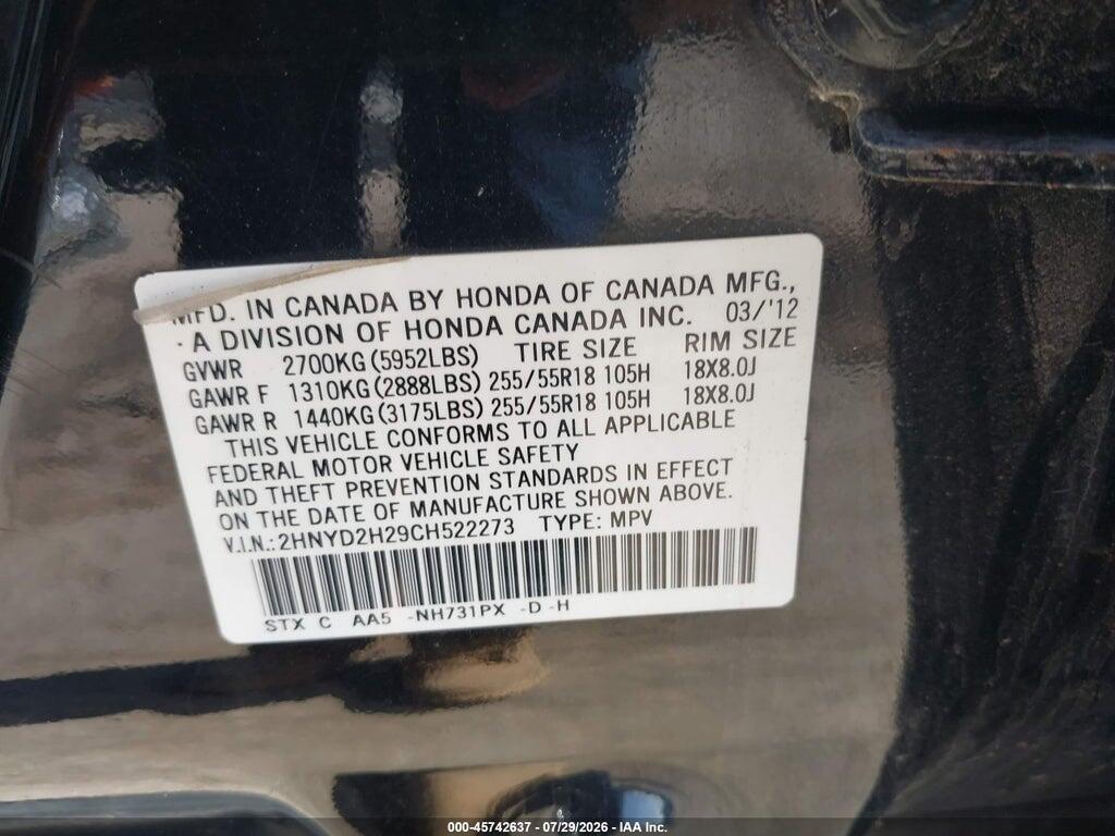 2HNYD2H29CH522273 2012 ACURA MDX photo no. 9