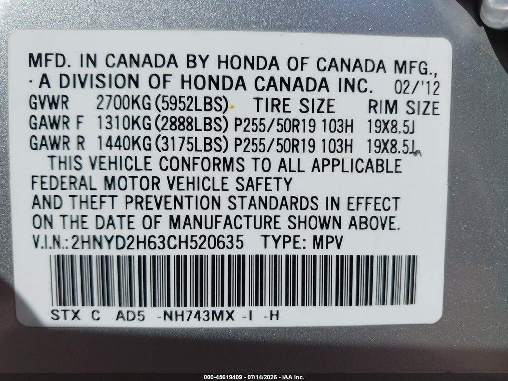 2HNYD2H63CH520635 2012 ACURA MDX photo no. 9