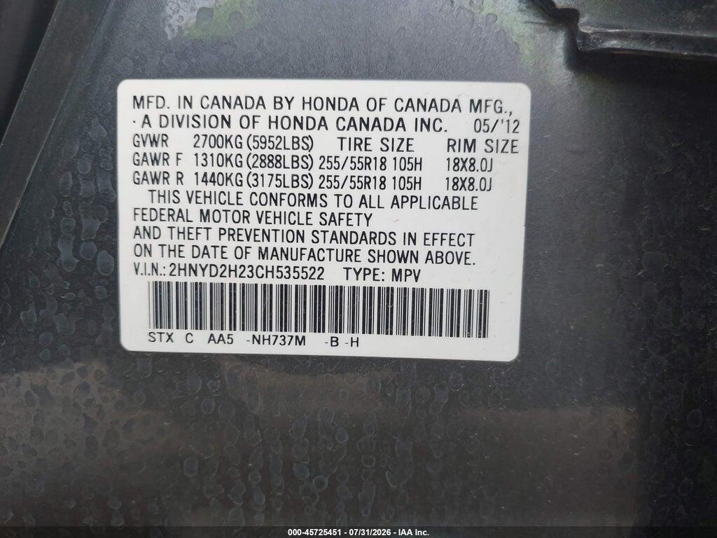 2HNYD2H23CH535522 2012 ACURA MDX photo no. 9