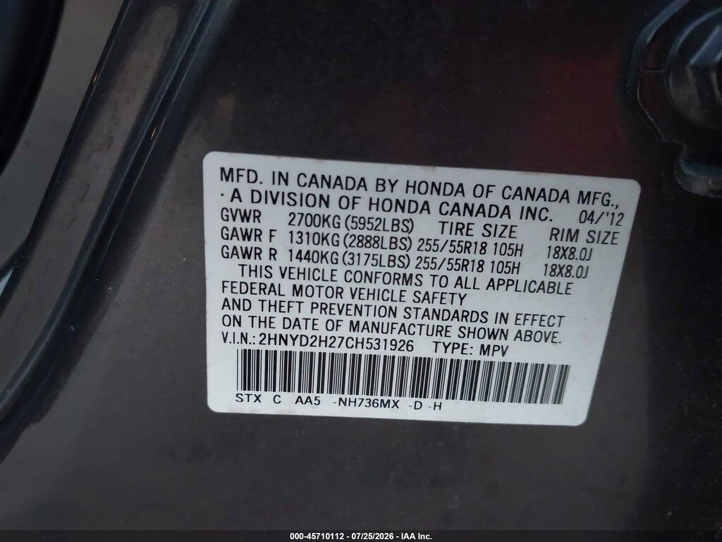 2HNYD2H27CH531926 2012 ACURA MDX photo no. 9