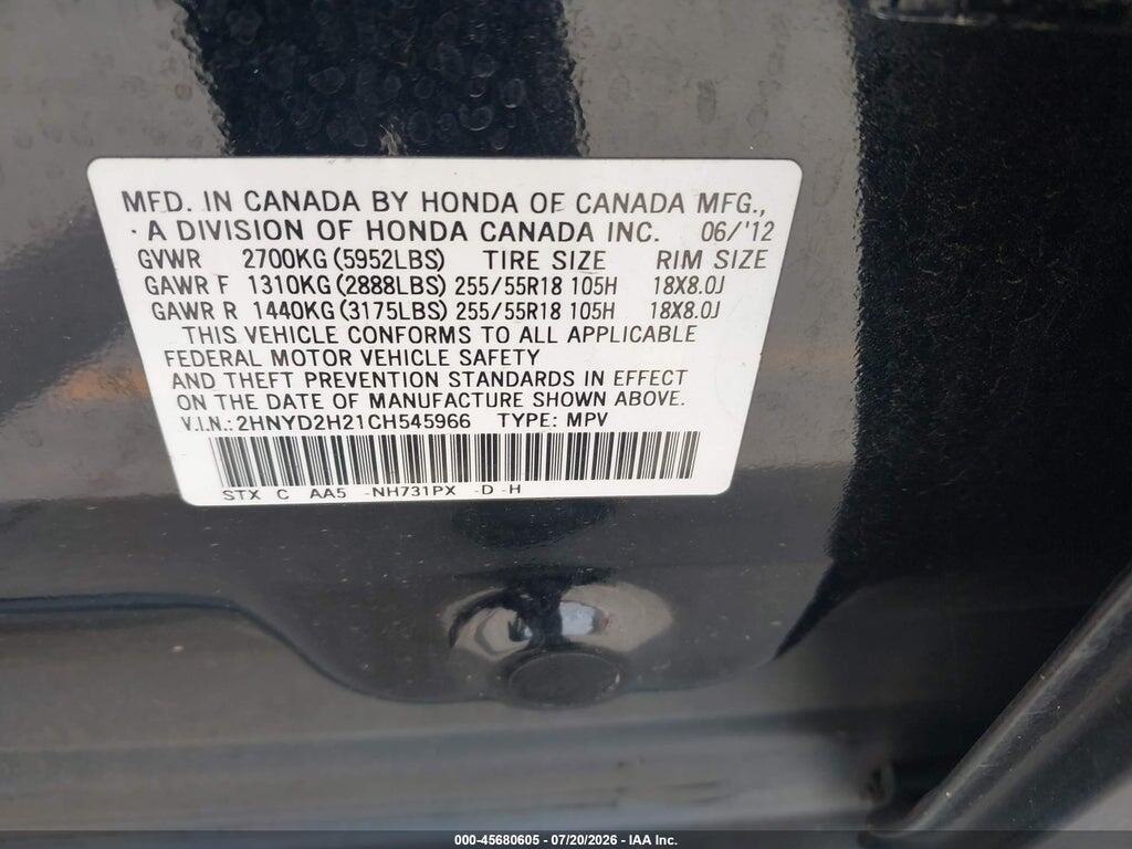 2HNYD2H21CH545966 2012 ACURA MDX photo no. 9