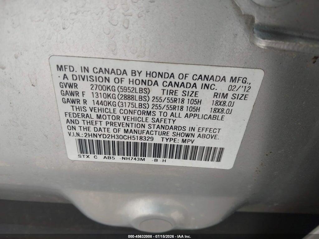 2HNYD2H30CH518329 2012 ACURA MDX photo no. 9