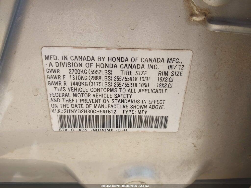 2HNYD2H30CH541612 2012 ACURA MDX photo no. 9