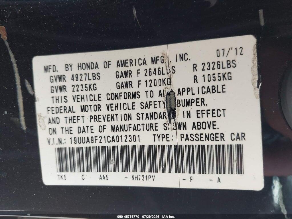 19UUA9F21CA012301 2012 ACURA TL photo no. 9