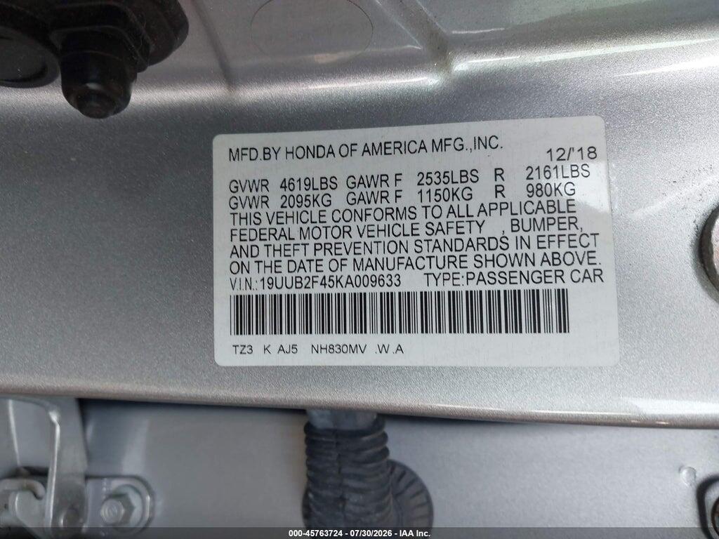 19UUB2F45KA009633 2019 ACURA TLX photo no. 9