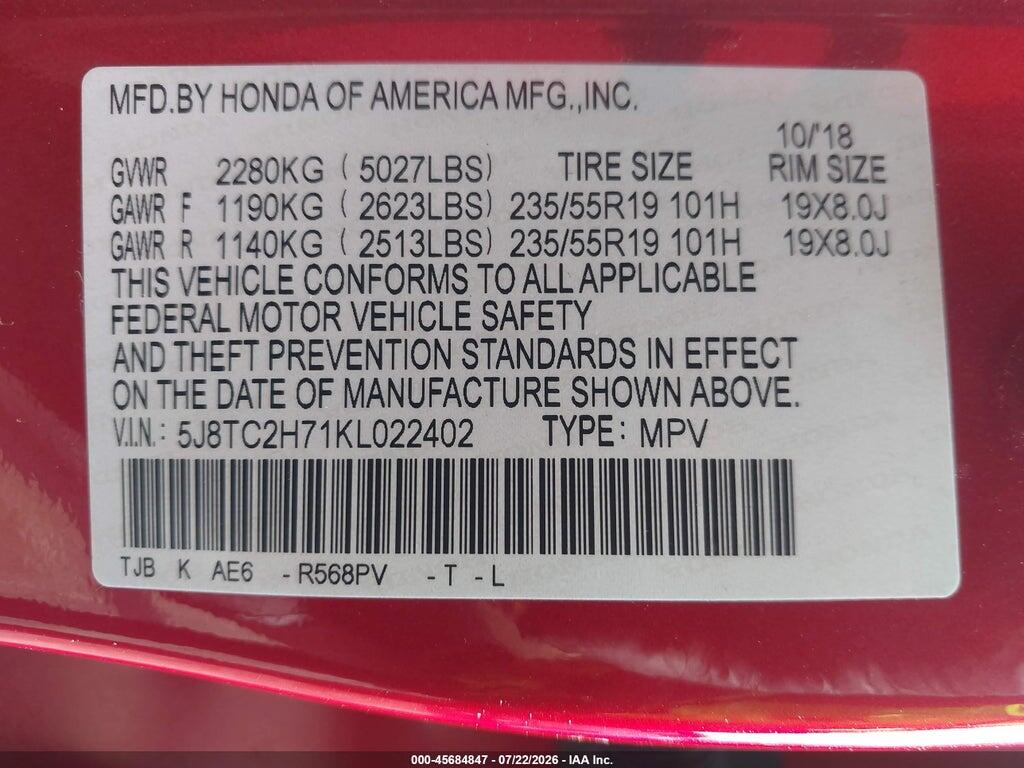 5J8TC2H71KL022402 2019 ACURA RDX photo no. 9