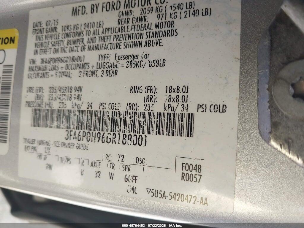 3FA6P0H96GR188001 2016 FORD FUSION photo no. 9