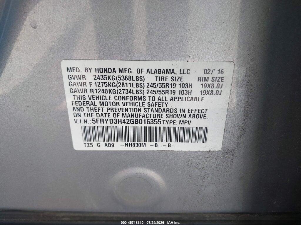 5FRYD3H42GB016355 2016 ACURA MDX photo no. 9