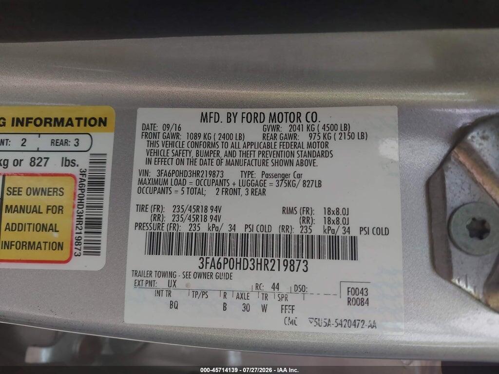 3FA6P0HD3HR219873 2017 FORD FUSION photo no. 9