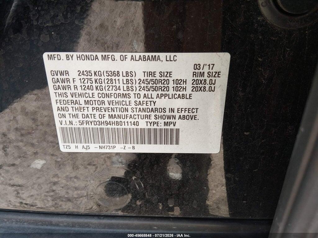 5FRYD3H94HB011140 2017 ACURA MDX photo no. 9