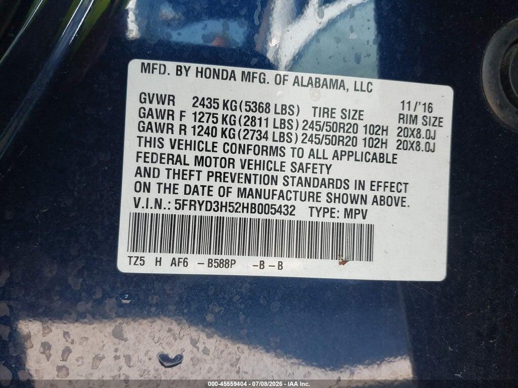5FRYD3H52HB005432 2017 ACURA MDX photo no. 9