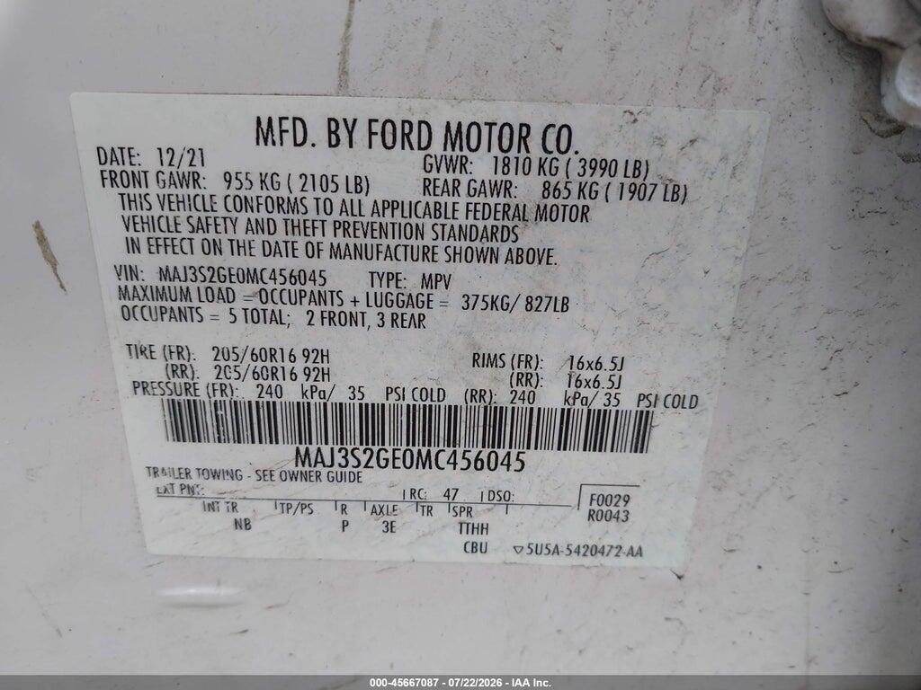 MAJ3S2GE0MC456045 2021 FORD ECOSPORT photo no. 9