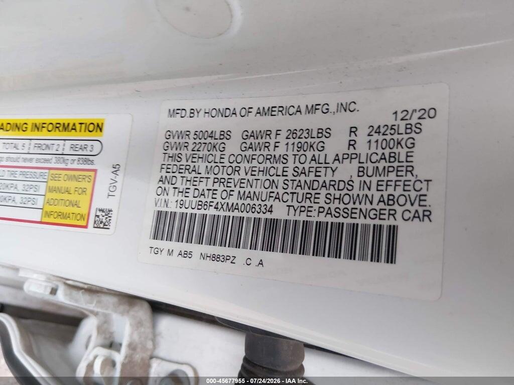 19UUB6F4XMA006334 2021 ACURA TLX photo no. 9