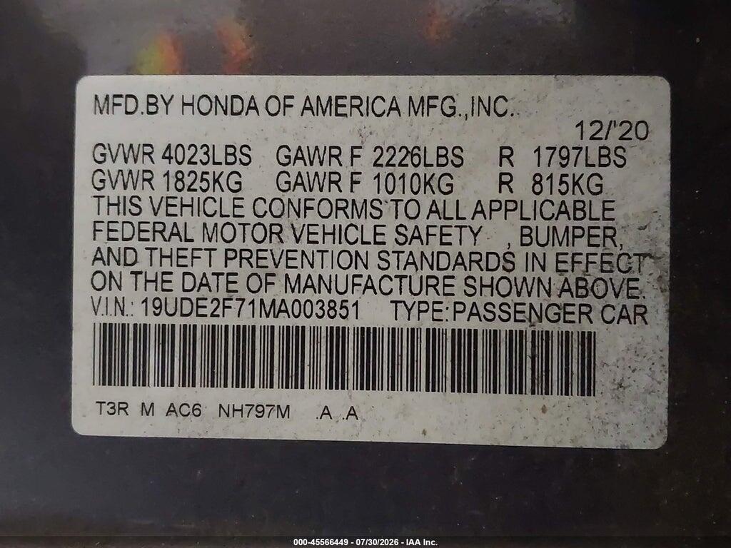 19UDE2F71MA003851 2021 ACURA ILX photo no. 9