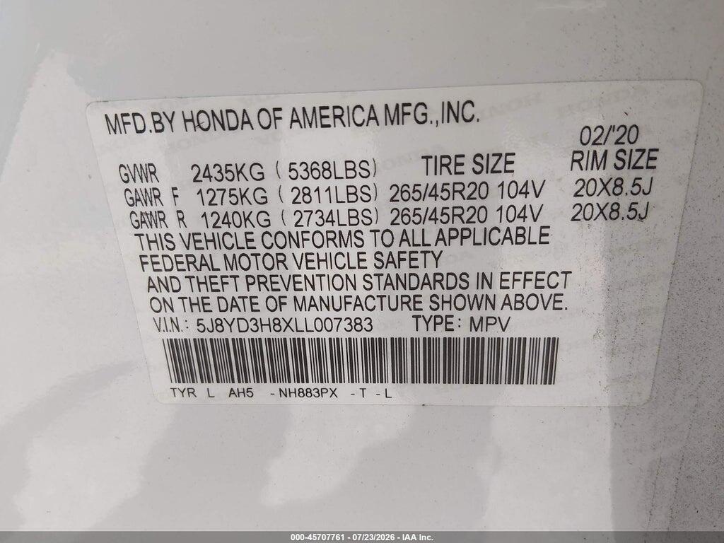 5J8YD3H8XLL007383 2020 ACURA MDX photo no. 9