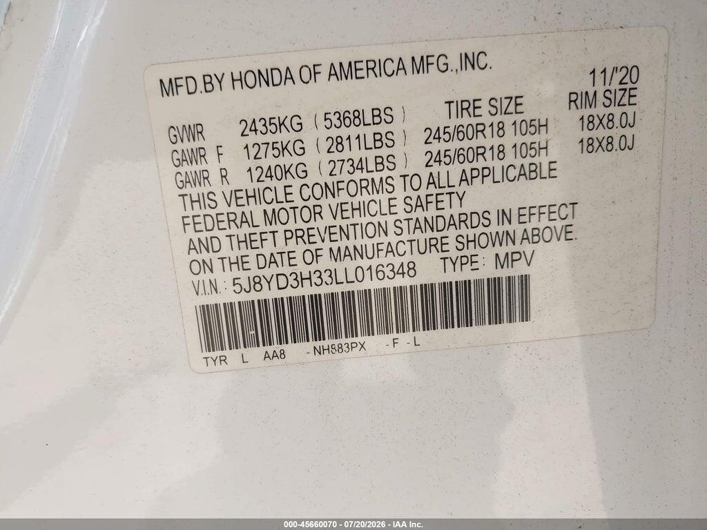 5J8YD3H33LL016348 2020 ACURA MDX photo no. 9