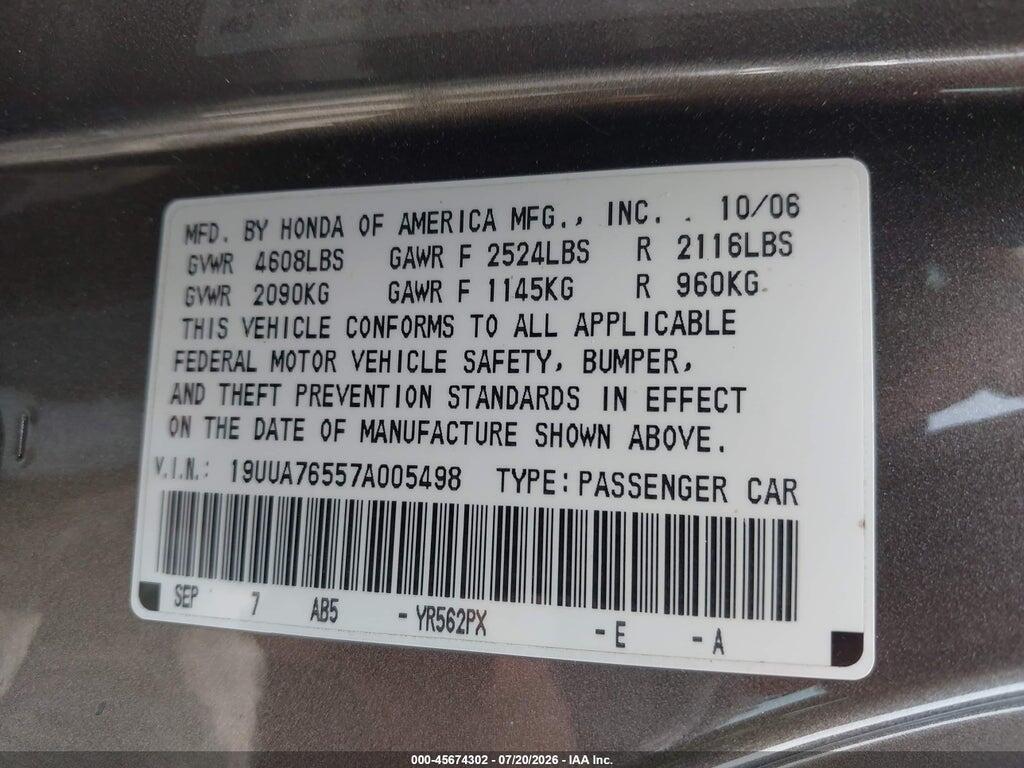 19UUA76557A005498 2007 ACURA TL photo no. 9