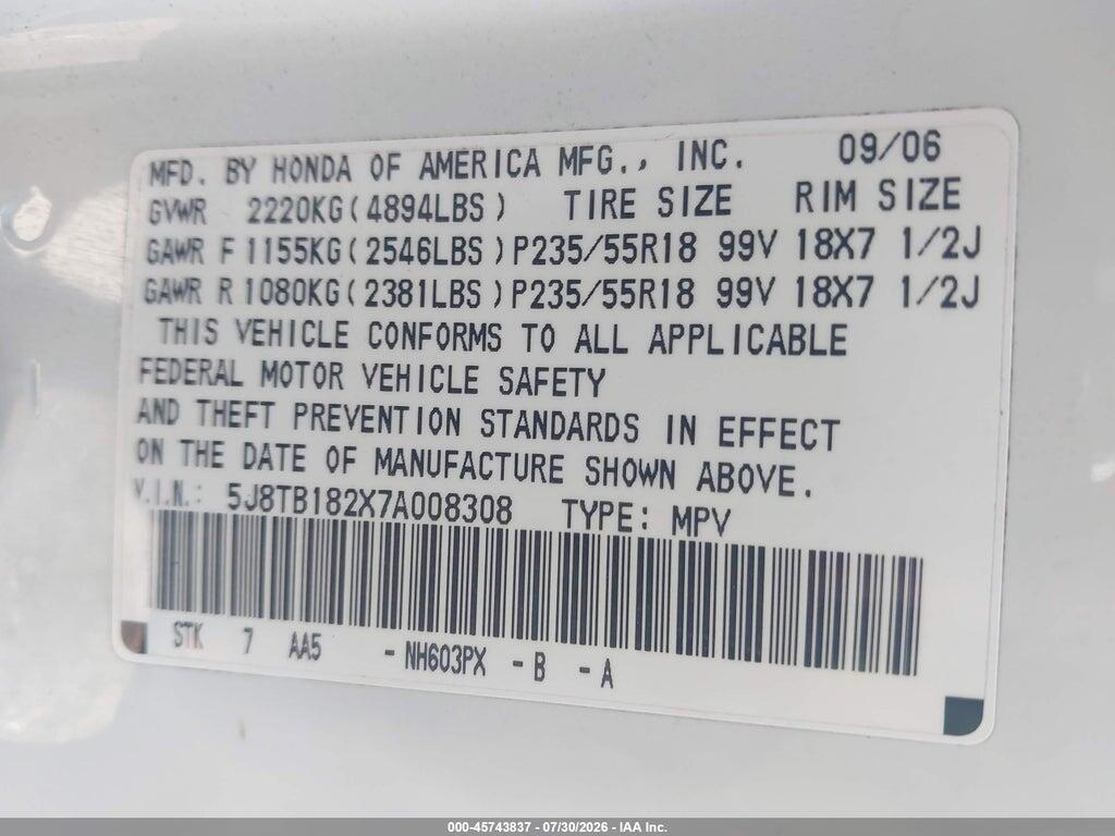 5J8TB182X7A008308 2007 ACURA RDX photo no. 9