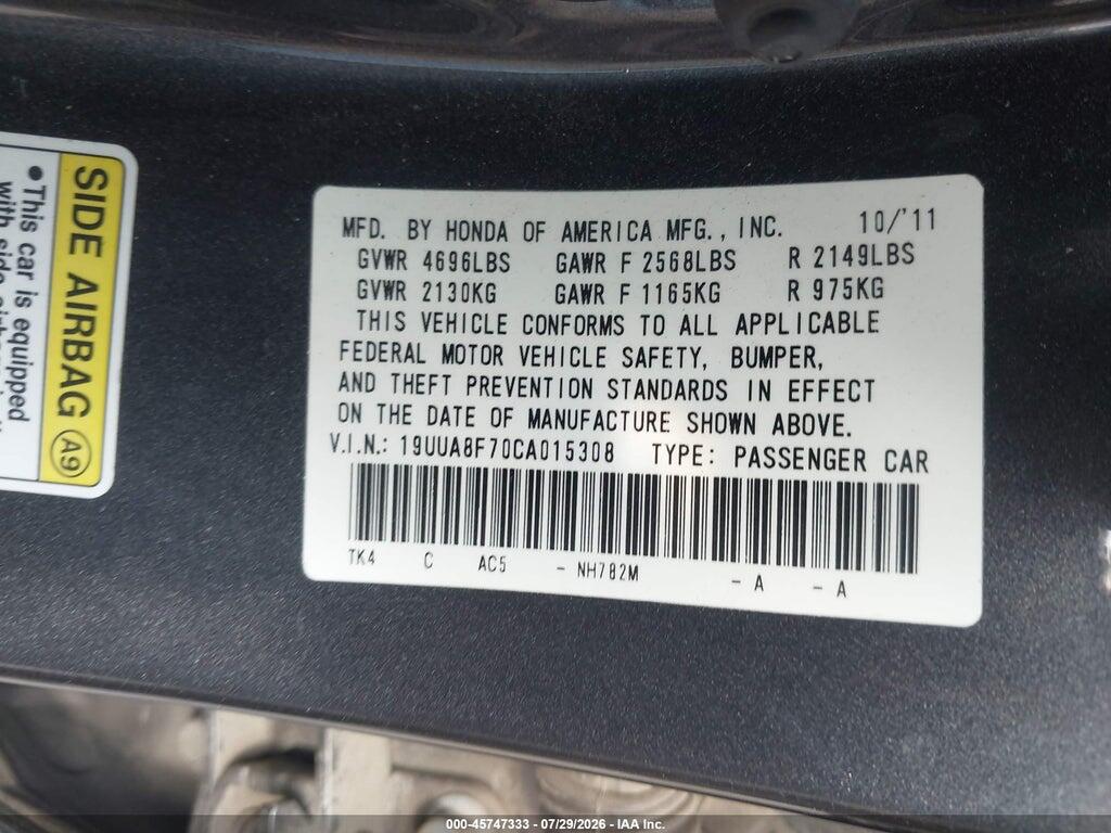 19UUA8F70CA015308 2012 ACURA TL photo no. 9
