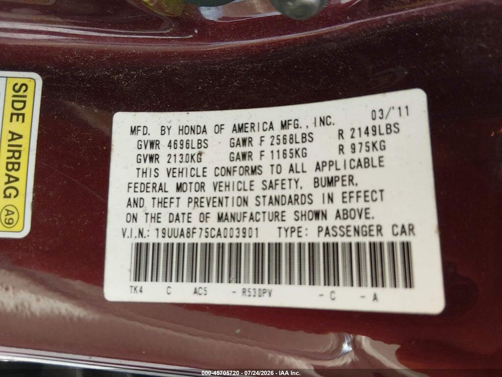 19UUA8F75CA003901 2012 ACURA TL photo no. 9