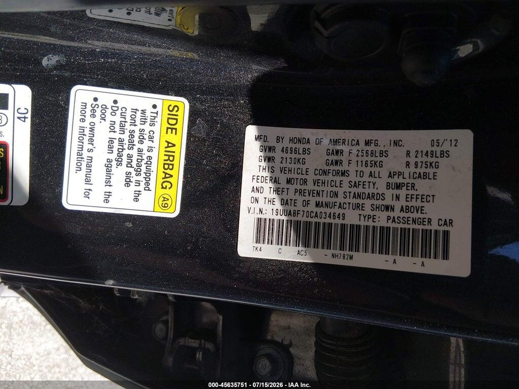19UUA8F70CA034649 2012 ACURA TL photo no. 9